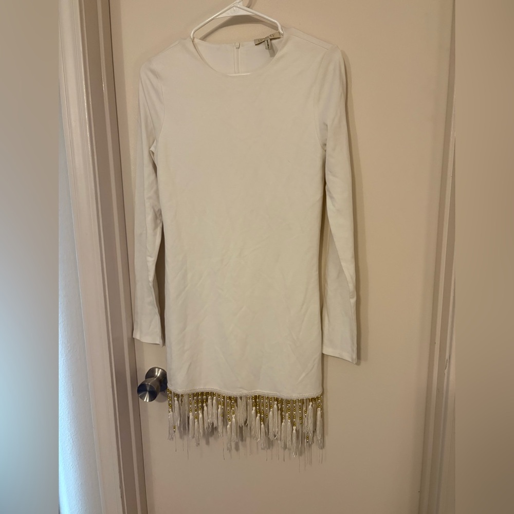 Lurelly Cream Dress with Gold Accents size 8 long sleeve fringe
